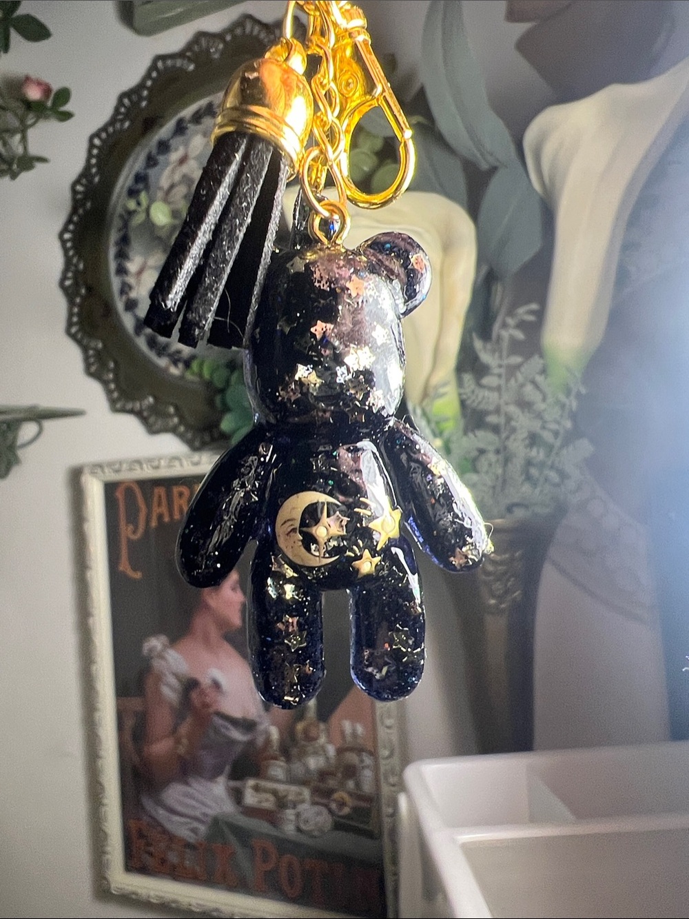 Gold & night sky blue Celestial Bear Keychain Tassel - Picture 5 of 6